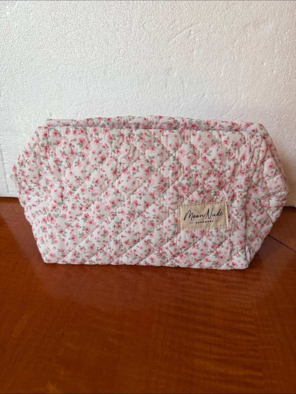 New  Moon Nude  handmade Quilted Floral Cosmetic Pouch - Pink and Cream